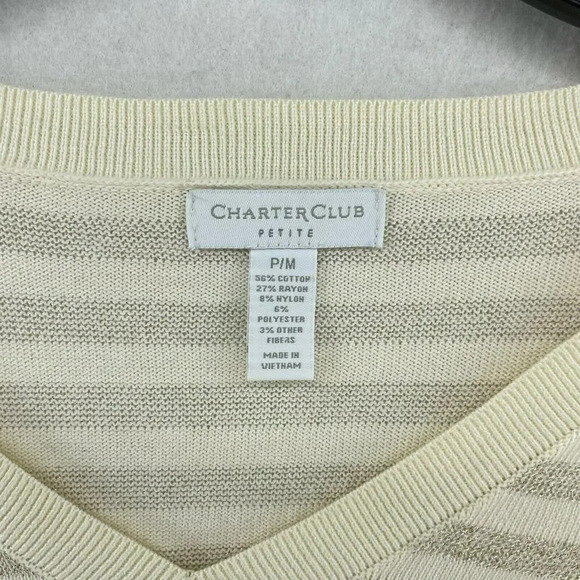 Charter Club Sweater Womens Sz PM Beige Gray Striped V-Neck Metallic Pullover - Picture 10 of 12